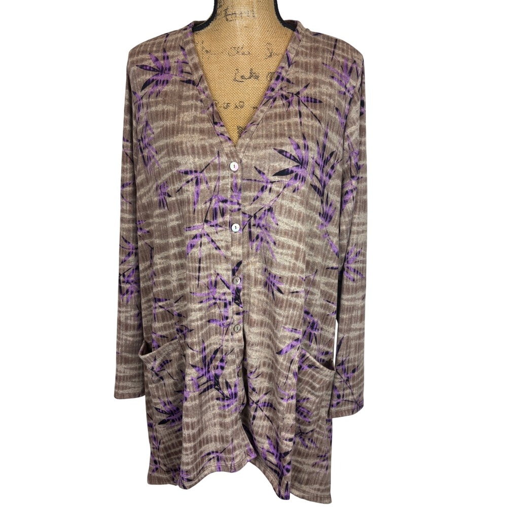 LOGO Lori Goldstein Button Front Cardigan Brown Purple Bamboo Leaf Size 2X‎